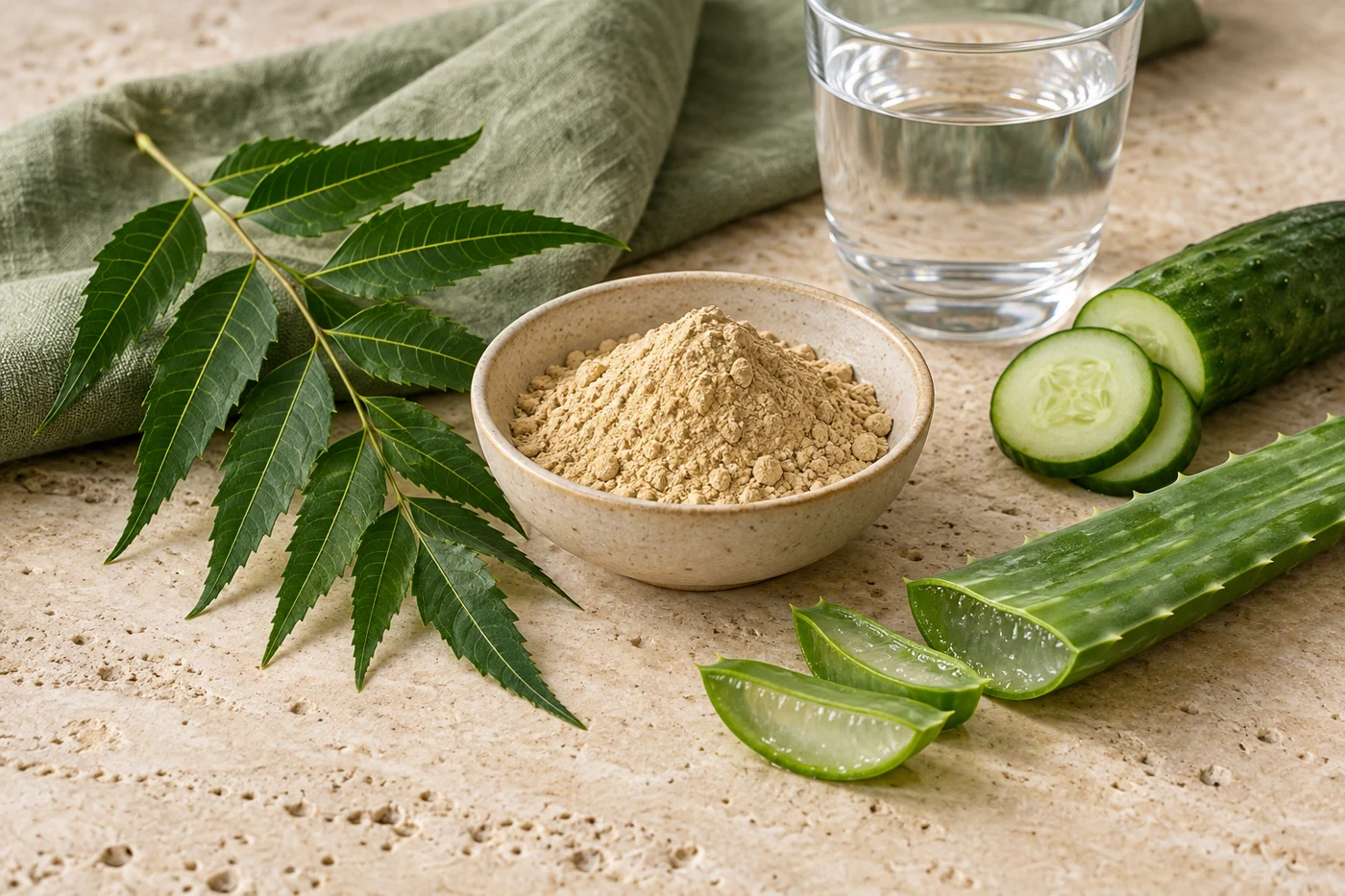 Aloe vera, cucumber, neem and clay arranged for skincare