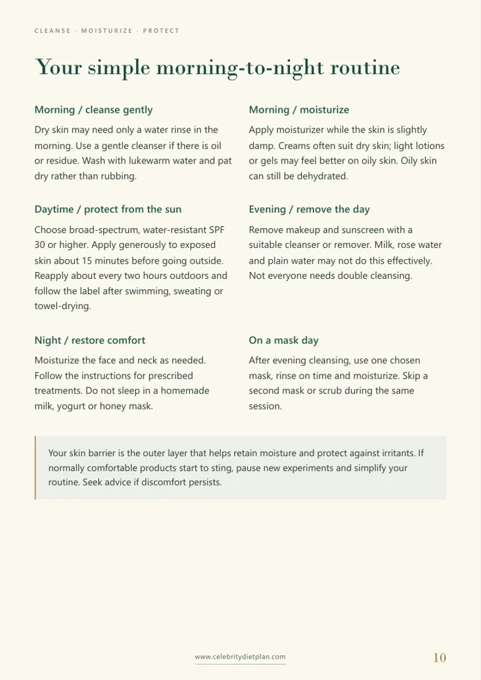 A real sample page from the skincare guide showing the daily routine